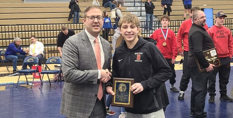 2024 Outstanding Wreslter Weston Pisarchick Brockway with Pete Grecco